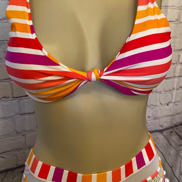 Bright Stripes Pom Pom Bikini, 👙, Size Small, Oranges and Pink Hues - Picture 2 of 9